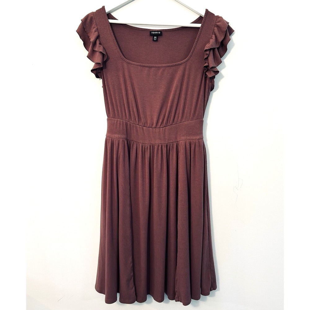 TORRID Stretchy Casual Dress Plus Sz00 Mauve Ribbed Ruffles Skater Boho POCKETS!